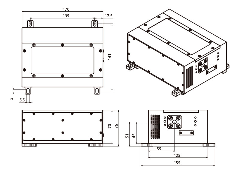 AQE系列 1064nm-100mJ 532nm-50mJ 激光器 尺寸图