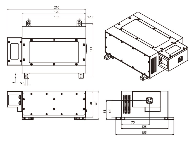 AQE系列 355nm-25mJ 266nm-10mJ 激光器 尺寸图